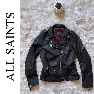 All Saints Spitalfields Valley Biker Black Leather Moto Jacket Size 6